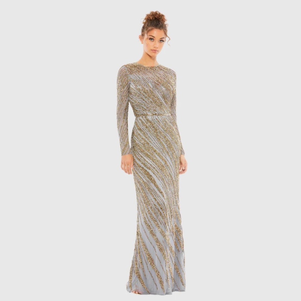 Mac Duggal Gold Beaded Long Sleeve Maxi Gown